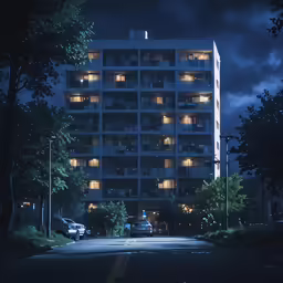 a car parked next to an apartment building on the corner at night