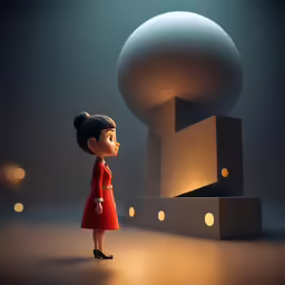 the little girl is looking at a large sphere