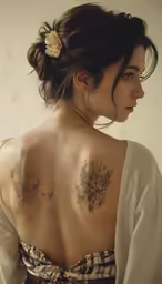 a woman with tattoo on her back standing