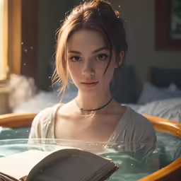 a young woman sitting in a bathtub reading a book