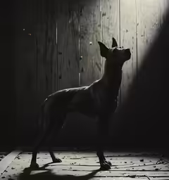 the dog is looking up while standing alone in the room