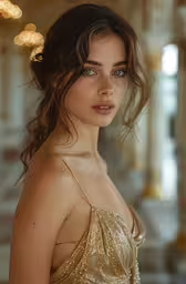 a woman with a golden dress standing by herself,an attractive woman with blue eyes wearing a golden dress