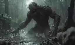 the character creature of swamp king with large teeth is standing in the middle of a forest