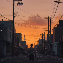 the person walks through an empty street while the sun sets