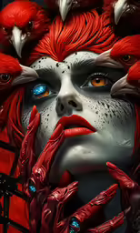 a lady with red hair and bright blue eyes is surrounded by her birds