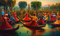 several people on small boats near tall poles,group of people in colorful dresses floating on boat