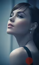 a beautiful woman in a black dress with red circles around her ear