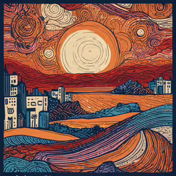 an artistic painting depicting buildings and sky with clouds,an art print of a city with a sunset