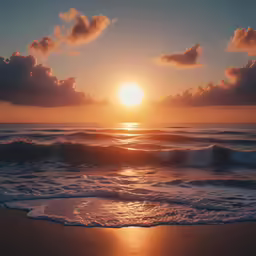 the sun sets over some water and waves on the shore