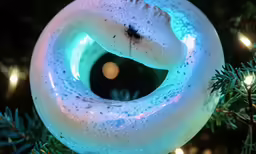 a very close up view of a glowing donut on a christmas tree