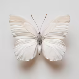 a white butterfly is on a light grey wall