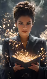 a woman is holding a book with sparkling lights in it
