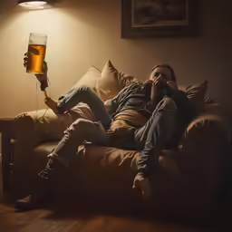 a man lying on a couch while holding a glass