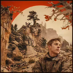 a man wearing a brown jacket standing in a rocky landscape