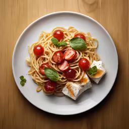 a plate of pasta with tomatoes and cheese