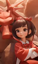 a girl in a red coat with a giraffe