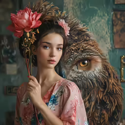 a woman in dress holding flower with owl face