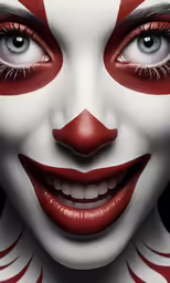 an image of the face of a clown painted with red paint