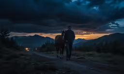 the man is riding the horse on the road