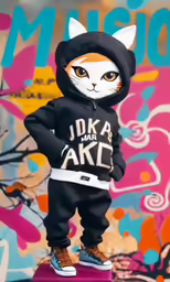 an orange and white cat in a black sweatshirt is posed