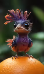 a small little purple bird with long and short hair