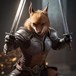 a fox wearing armor with two swords