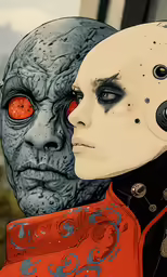a humanoid figure and an alien with red eyes are shown