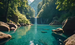 a man sitting on rocks near a river that has blue water