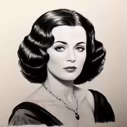 a lady wearing black and white with a large necklace on her necklace