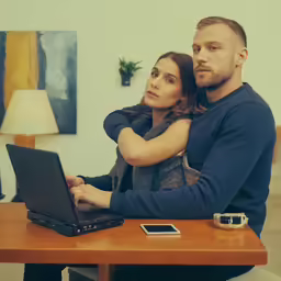 a man and woman sit side by side on a computer