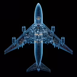 3d illustration of an airplane flying with the lights glowing