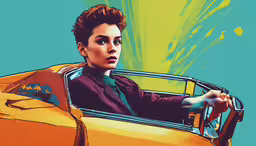 a man driving in an orange car, with his hand on the door handle,an illustration of a person in a yellow car