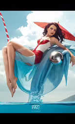 a woman in a white and red bathing suit on the water