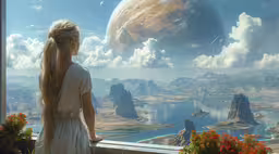 a beautiful young lady looking at an image with a massive planet in the background,a young woman with long hair in a white dress looks into the distance at a distant planet