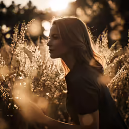a woman stands alone in an open field