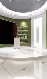 a white vase on a table in front of a green wall