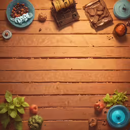 a few containers and plates sit on top of a wooden table,this is an overhead view of various items