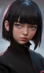 a woman with a dark hair and bangs and an all black top is looking into the camera