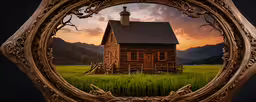 an intricate frame is holding a house in the middle of it,a picture in the frame of a wooden structure
