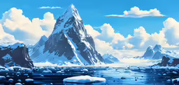 a painting of icebergs in the ocean under blue skies