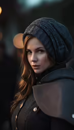 a woman in black coat and a bonnet