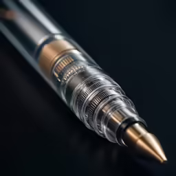 the pen is shiny and gold on a black surface