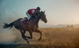 a jockey rides a horse through a grassy field