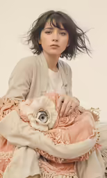 a woman is sitting on top of a blanket