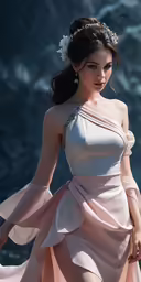 a woman standing in front of a blue wall wearing a dress and headpiece