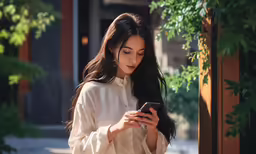woman standing outside using her phone while walking