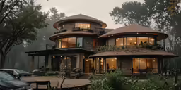a house is surrounded by lush, green trees and a few cars