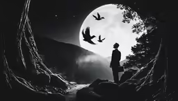 a man looks at two birds flying in front of him