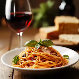 pasta with meat, herbs and wine on the table