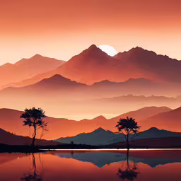 the sun is setting over the mountains and reflecting in the water,a mountain sunset over the hills and water